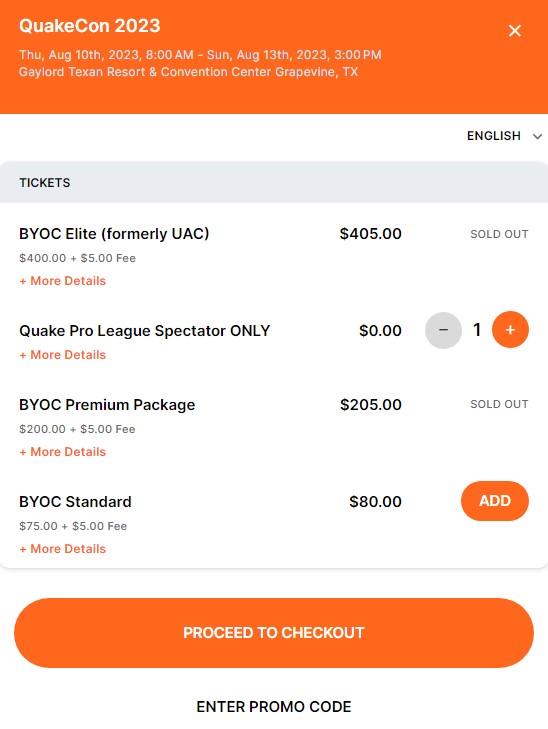 QuakeCon 2023 Quake Pro League Spectator ONLY tickets are available for